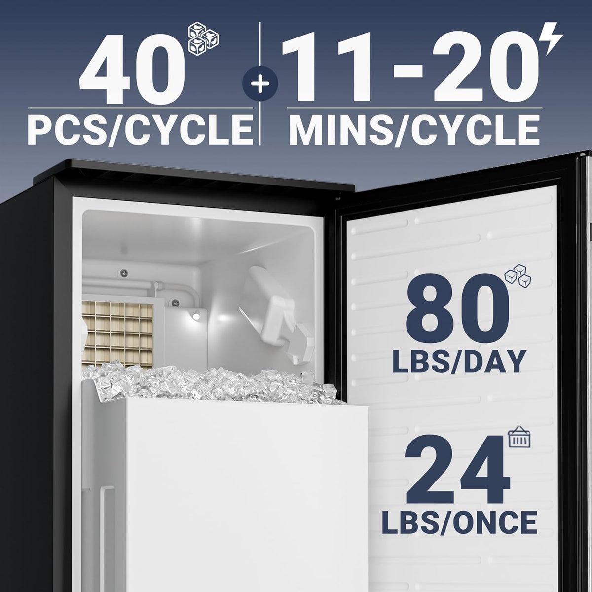 Commercial Under Counter Ice Maker Machine with Drain Pump, 80Lbs/Day with 24lbs Storage, Auto-Cleaning, 24H Timer, Built-in Freestanding Ice Maker for Home/Commercial & Home Use. (Steel)
