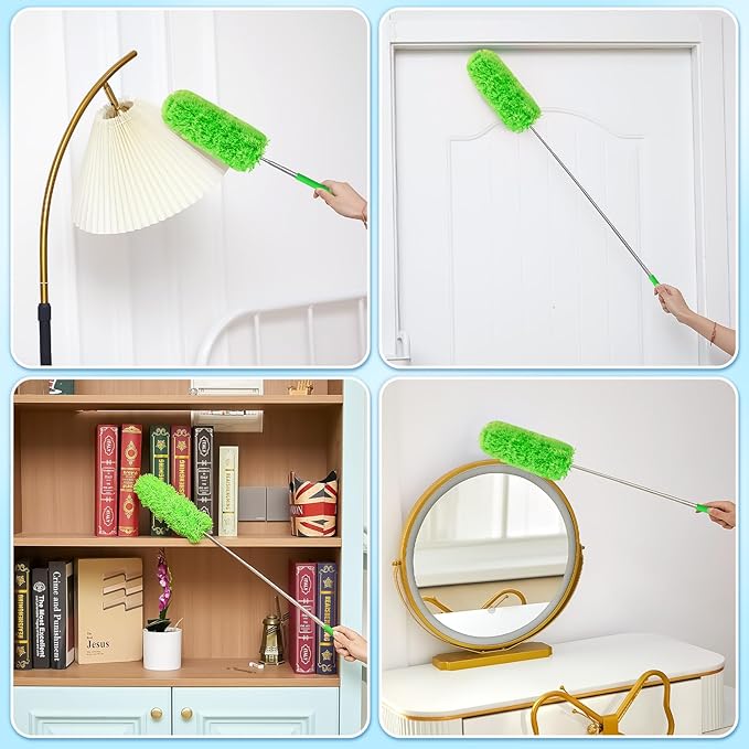 Tanlade 12 Pcs Microfiber Feather Duster for Cleaning 13-31 Inch Extendable Cobweb Dusters Ceiling Fan Duster Washable Bendable Tool for Office Car Window Furniture (Green)