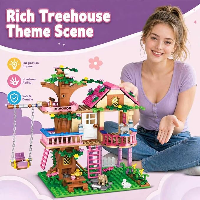 CSNRHG Dream Tree House Friends Building Set, Tree House Building Set Acrylic Protective Cover, Friendship Tree House with Swing Animals Flowers, 504 Pieces
