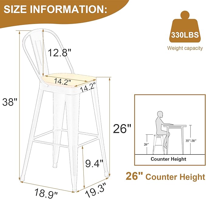 Andeworld Metal Bar Stools Set of 2, 26 inch Counter Height Barstools with Backs Farmhouse Modern High Back Bar Stools with Larger Seat Kitchen Dining Bar Chairs,Rusty
