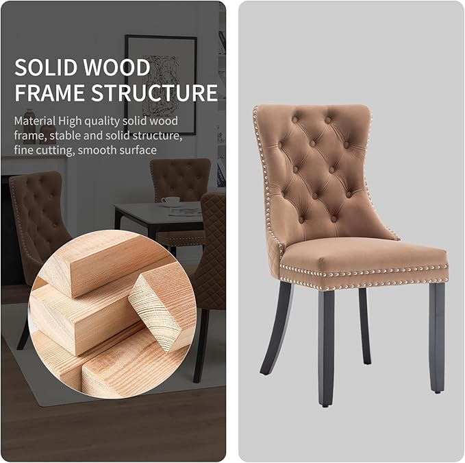 Velvet Dining Chairs Set of 2, Upholstered Dining Room Chairs with Nailhead Trim, Sillas de Comedor Modernas 2, Wooden Kitchen Chairs for Dining Room, Living Room, Kitchen, Bedroom, Brown