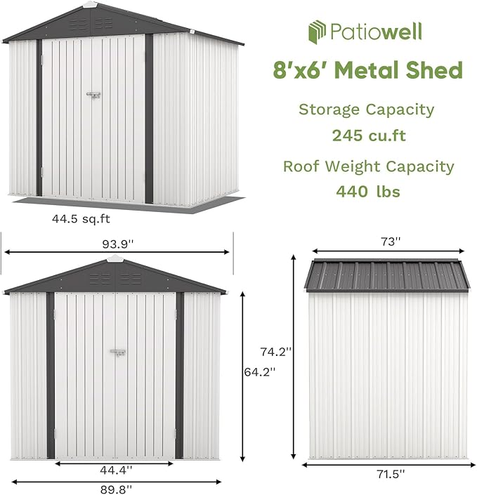 Patiowell Outdoor Storage Shed 8x6 FT, Garden Tool Storage Shed with Sloping Roof and Double Lockable Door, Outdoor Shed for Backyard Garden Patio Lawn, White