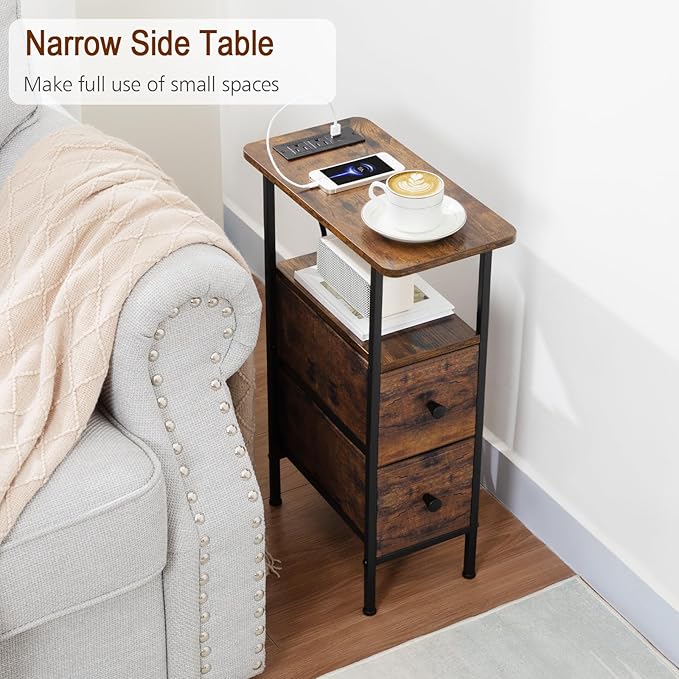 Narrow End Tables Living Room Set of 2 with Charging Station, Skinny Side Table with Fabric Drawers, Slim Nightstand for Bedroom, Small Spaces, Couch, Rustic Brown, HETNDP02PBR