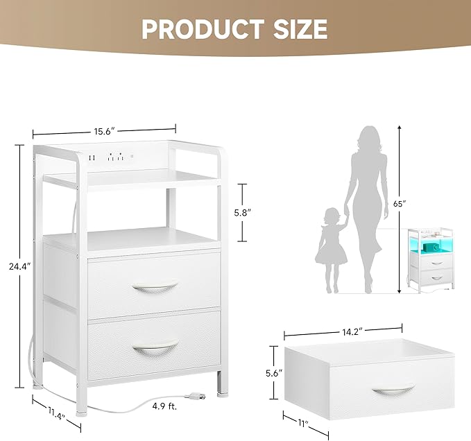 Night Stand Bedside Table Bedroom - White Nightstand with Charging Station & LED Light Strip, Morden Bed Side End Table with Storage Shelf & 2 Fabric Drawers, U-S-B Ports & AC Outlets