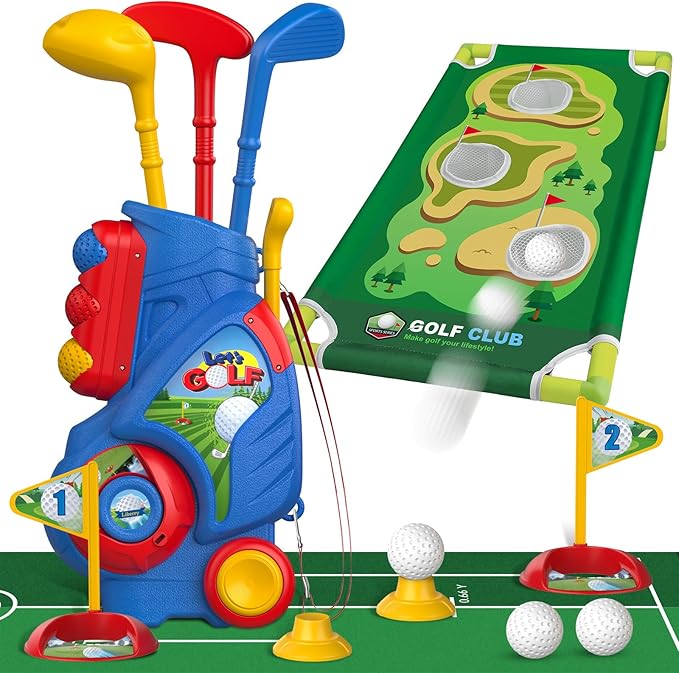 Liberry Toddler Golf Set for 2 3 4 5 Years Old Boys Girls, Upgraded Kids Golf Cart with Golf Cornhole Board & Putting Mat, Indoor and Outdoor Golf Toys Birthday Gifts