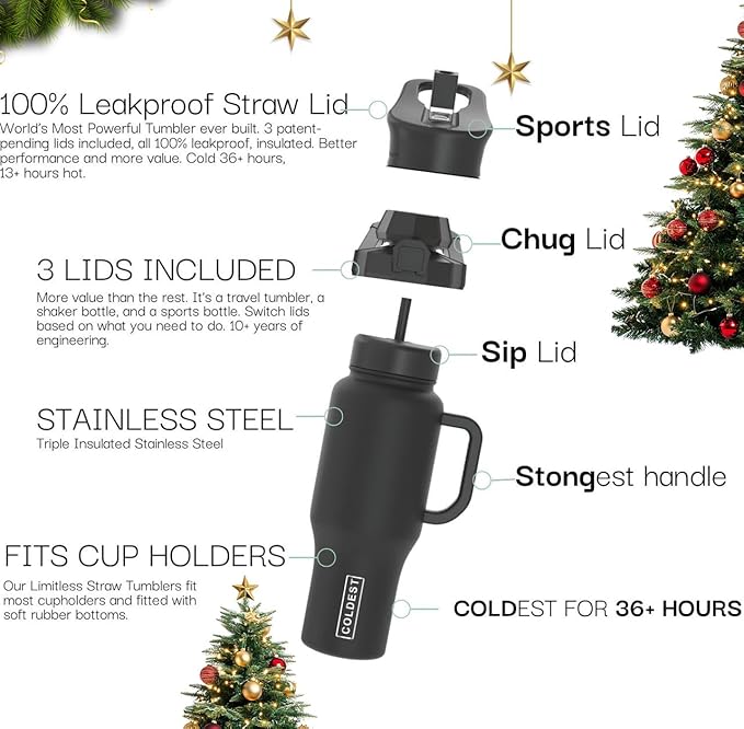 Coldest Tumbler with Handle and Straw - 100% Leak Proof Insulated Tumbler with Lid and Straw (3 Lids) - Stainless Steel Tumblers for Women & Men, Cup Holder Friendly Base, 46 oz (Molten Ivory)