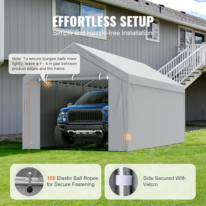 VEVOR Carport Replacement Canopy Cover Top + Side Wall 13 x 20 ft, Garage Tent Shelter Tarp Heavy-Duty Waterproof & UV Protected, Easy Installation with Ball Bungees,Grey (Frame Not Included)