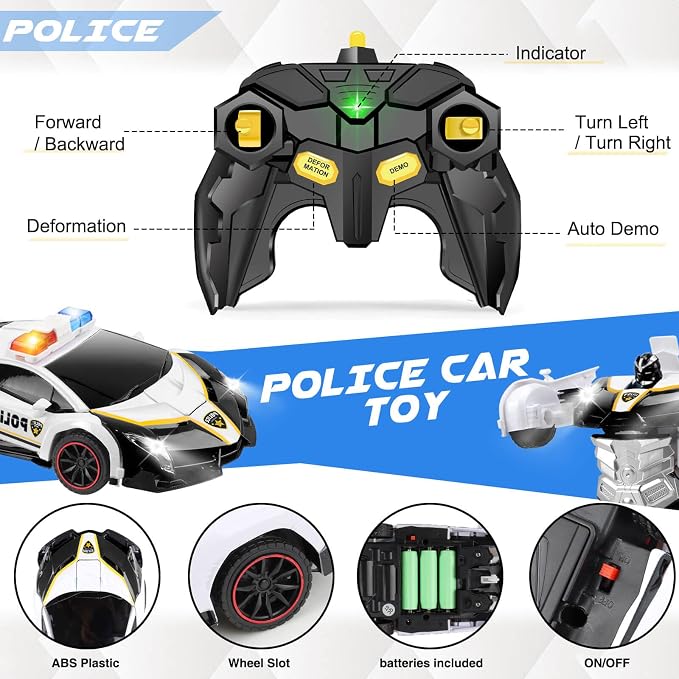 YOTOY Remote Control Car Toy for Kids 4 5 6 7 8, Transform Police RC Cars Toy, Robot Car, Birthday Gift for Kids Toys Age 4 5 6 Years Old Boys and Girls