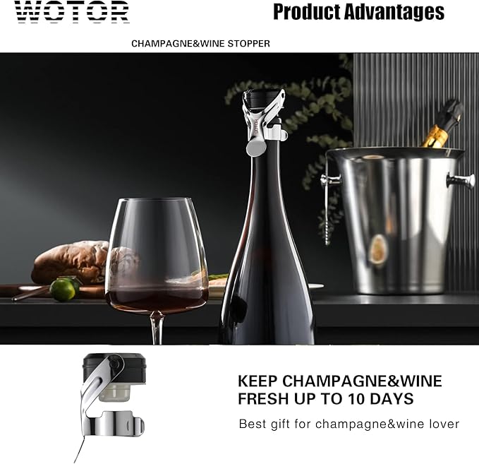 WOTOR Champagne&Wine Bottle Stoppers Stainless Steel with Food Grade Silicone, Leak Proof Keep Fresh Reusable Saver, Cork Suitable for Wine, Champagne, Cava, Prosecco and Sparkling (4 Pack Silver）