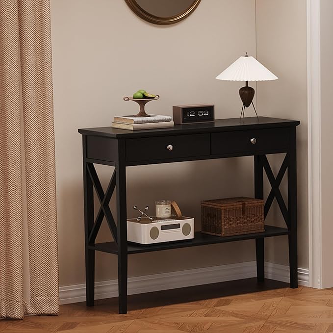 ChooChoo Console Table with Drawers, Narrow Wood Accent Sofa Table Entryway Table with Storage Shelf for Entryway, Front Hall, Hallway, Living Room, Black