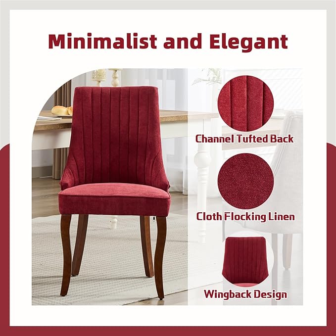 Linen Dining Chairs Set of 6，Fabric Channel Tufted Kitchen Chairs, Upholstered Accent Chairs with Curved Solid Wood Legs, Comfortable Dining Chair for Dining Room, (Burgundy, 6pc)