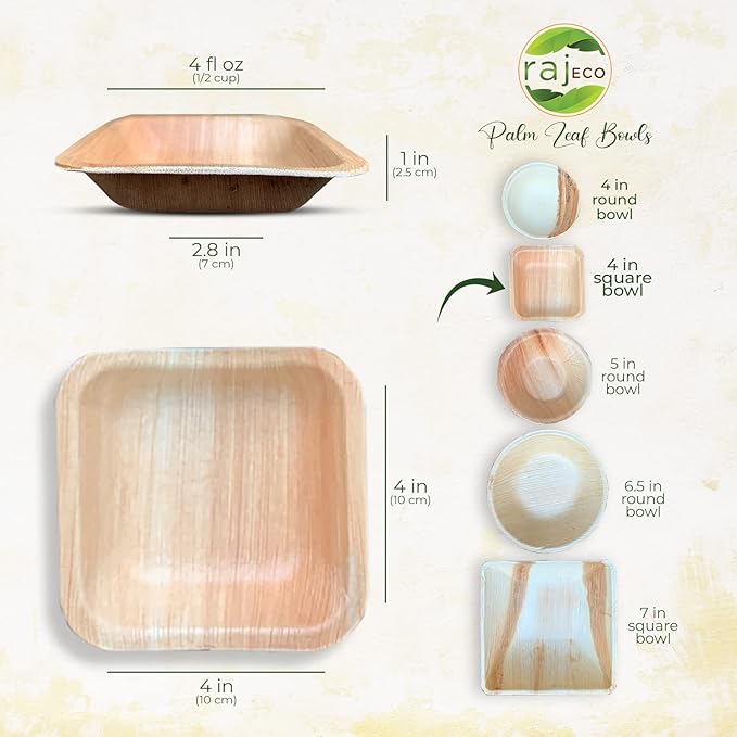 Raj Disposable Palm Leaf Bulk Bowls (200 Count, 4" Square Bowls) Strong Bowl Like Bamboo Party Bowl - Decorative Compostable Tableware for Lunch, Dinner, Birthday, Outdoor, BBQ, Picnic.
