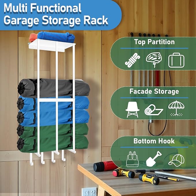 Camping Chair Wall Storage for Garage - Metal Beach Lawn Chair Rack, Garage Storage and Organization Shelves, Wall Mounted Umbrella Storage Rack Holder with Floating Shelf and 4 Hooks White