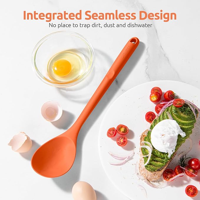 600ºF Heat Resistant Silicone Spoon: U-Taste 13.3in Solid Kitchen Cooking Spoon, Nonstick Food Grade Large & Long Soup Rubber Utensil for Mixing, Serving, Stirring, Basting, for Pot Cookware (Orange)