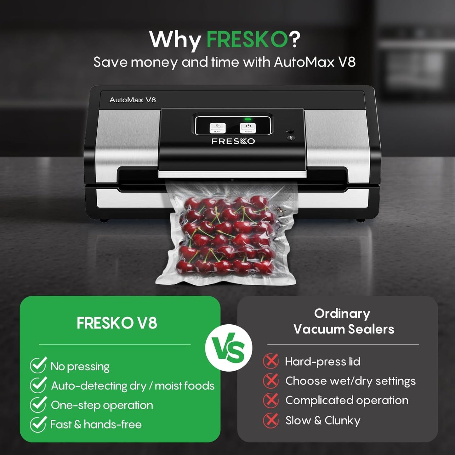 Fully Automatic Vacuum Sealer, 95Kpa Powerful Food Vacuum Sealer Machine, Auto Dry-Wet Detection | Bag Cutter | 2 Rolls Bags | Effortless Operation, Silver - Black
