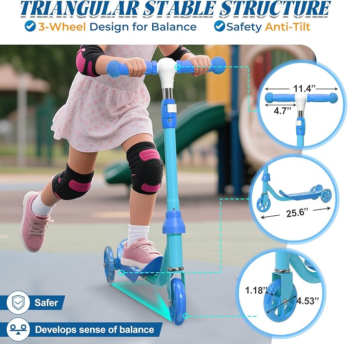 Kids Scooter Ages 3-7, 3 Wheel Scooter with LED Light Up Wheels, Safer Steering & Adjustable Handlebar, Wide Anti-Slip Deck, Heavy Duty Metal Kick Scooter for Boys Girls Toy Gift, Up to 110 lbs