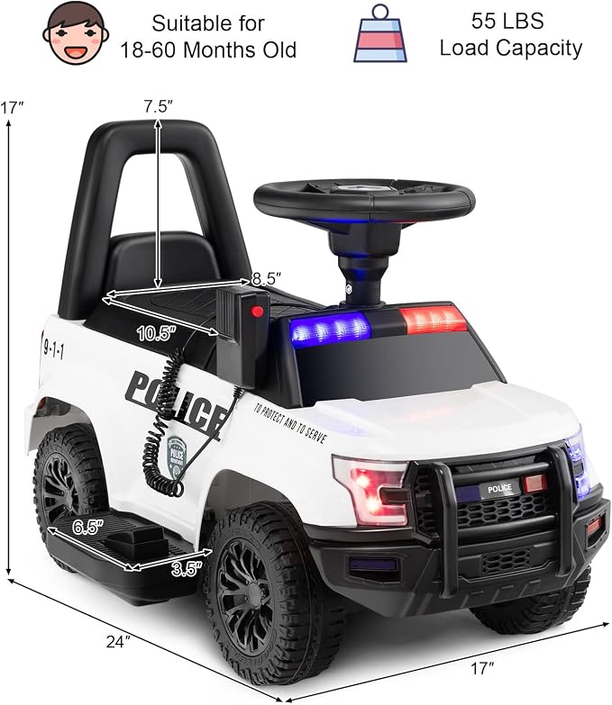Costzon Police Car Ride On, 6V Battery Powered Electric Kids Ride On with Megaphone, Lights, Siren, Under Seat Storage, Toddler Push Car, Ride On Toys for Toddlers 1-3 Boys Girls (White)