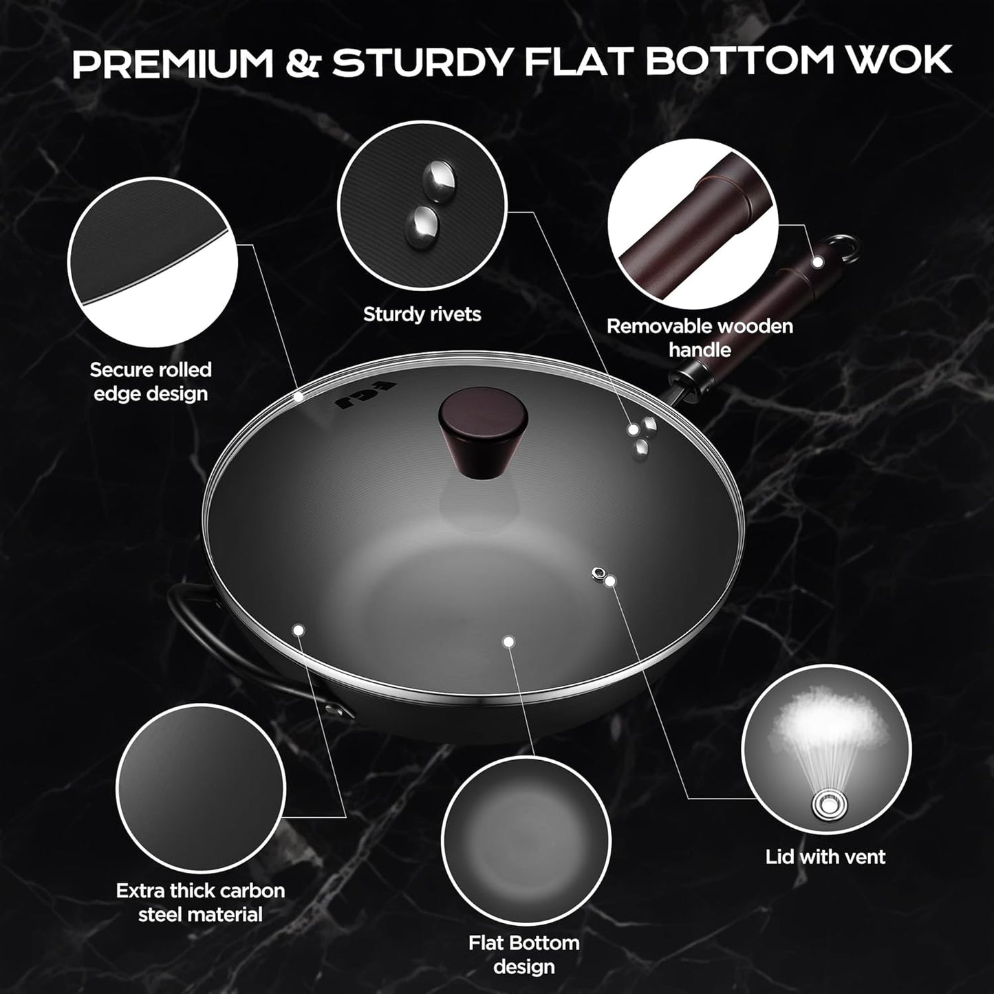 13 Inch Wok with Lid and 12 Inch Sikllet, Carbon Steel Cookware Set, Carbon Steel Woks &Stir-fry Pans Nonstick and Frying Pan, Pre-Seasoned 5.8QT Flat Bottom Chinese Wok, Compatible with All Cooktops