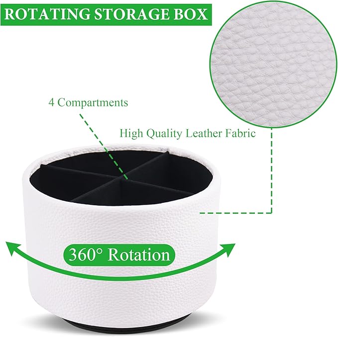 Hennaja Round Leather Art Supply Organizer,Remote Control Holder,360 Degree Spinning,Multi-Functional Pencil Holder,4 Compartments Desktop Stationary Organizer(1-Lichee White)