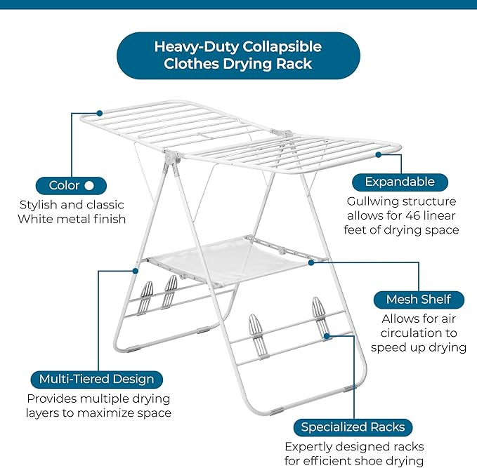Honey-Can-Do Heavy-Duty Foldable Laundry Drying Rack – Portable Shoes & Clothes Rack for Indoor & Outdoor Use, Space-Saving Design, Easy to Fold Gullwing Design, Sturdy Metal, 50lb. Capacity, White