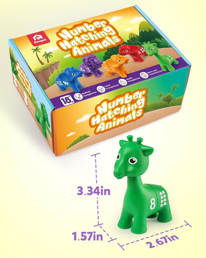 Coogam Number Matching Toy Set, 10pcs Double-Sided Animal Number Counting Game, Preschool Montessori Fine Motor Skill Mathematics Educational Toys for 3 4 5 Year