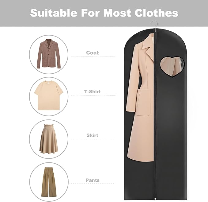 Dress Bags for Gowns Long, 65'' Garment Bags for Hanging Clothes, Suit Bag Cover for Storage and Travel, with Clear Heart Window, 2 Pack (Black)