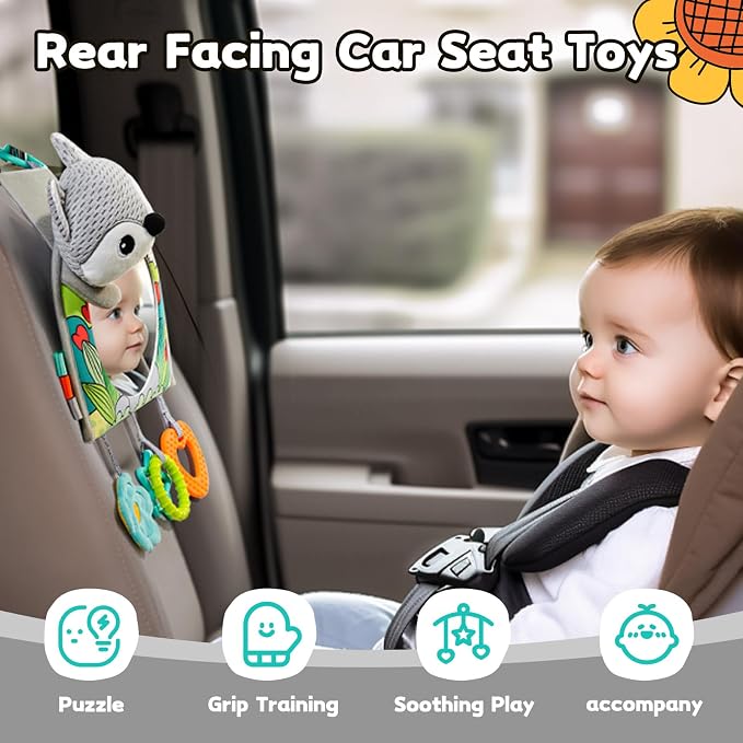 Koty Infant Car Seat Toy - Kick and Play Activity Center with Mirror, Teether and Crinkle Paper, Fun Travel Baby Toy for Rear Car Seat, Easier Drive with Newborns, Babies