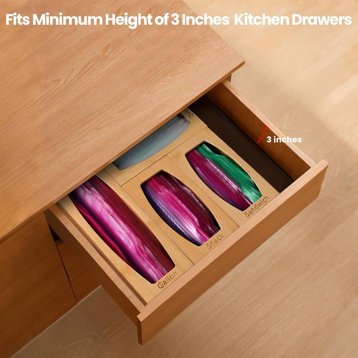 Bamboo Plastic Bag Storage Organizer for Kitchen Drawer, 4 Separate Baggie Organizer, Suitable for Gallon, Quart, Sandwich & Snack Variety Size Bag