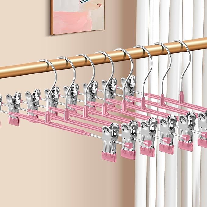 Pants Hangers with Clips 20 Pack Adjustable Skirt Hangers for Women Non-Slip Trousers Hanger for Jeans Clothes Hangers for Pants Heavy Duty Space Saving Shorts Hangers,Pink,12Inch