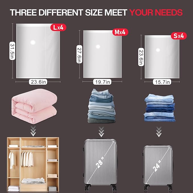 Vacuum Storage Bags for Travel, 12 Pack Vacuum Seal Bags for Clothing Travel, Vacuum Sealer Bags with High Pressure Electric Pump, Portable Space Saver Bags for Luggage Traveling