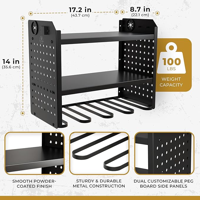 Power Tool Organizer-6 Drill Holder Wall Mount, 3 Tier Heavy-Duty Hand Tool Storage Rack, Utility Racks, Drill Holder, 2 Pegboard Sides - Garage Storage Cordless Tool Organizer (Black)