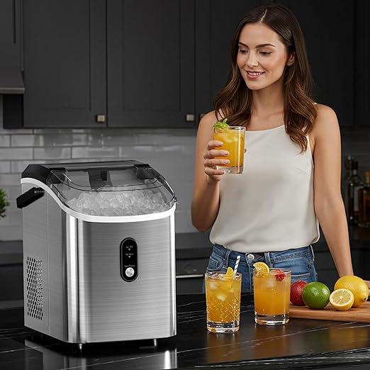 Antarctic Star Nugget Ice Maker Countertop, Soft Chewable Ice, Portable Sonic Ice Maker with Basket and Scoop, Removable Top Cover, Auto-Cleaning for Home/Party/RV/Camping (Stainless Steel Silver)