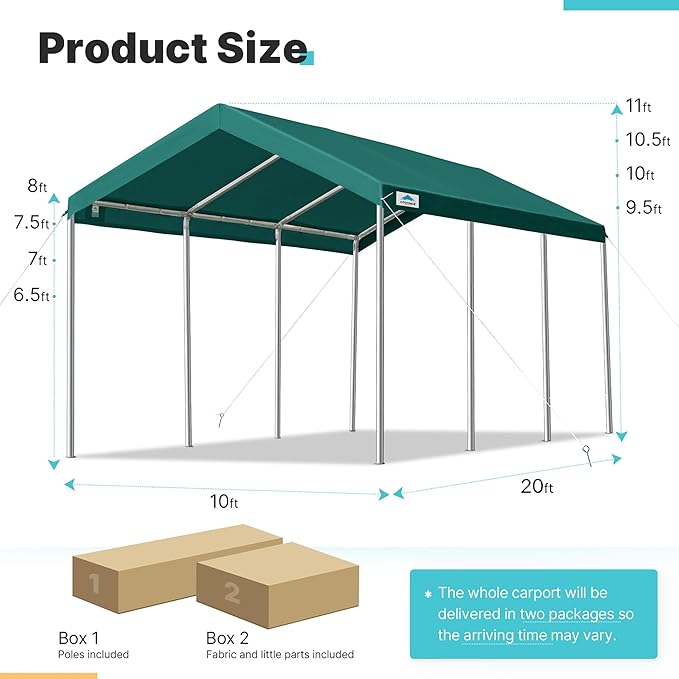 ADVANCE OUTDOOR 10x20 ft Heavy Duty Carport Potable Car Canopy Garage Party Tent Boat Shelter, Adjustable Height from 9.5 ft to 11 ft, Green