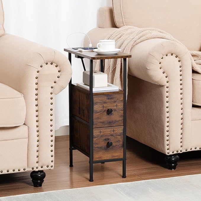 Narrow End Tables Living Room Set of 2 with Charging Station, Skinny Side Table with Fabric Drawers, Slim Nightstand for Bedroom, Small Spaces, Couch, Rustic Brown, HETNDP02PBR