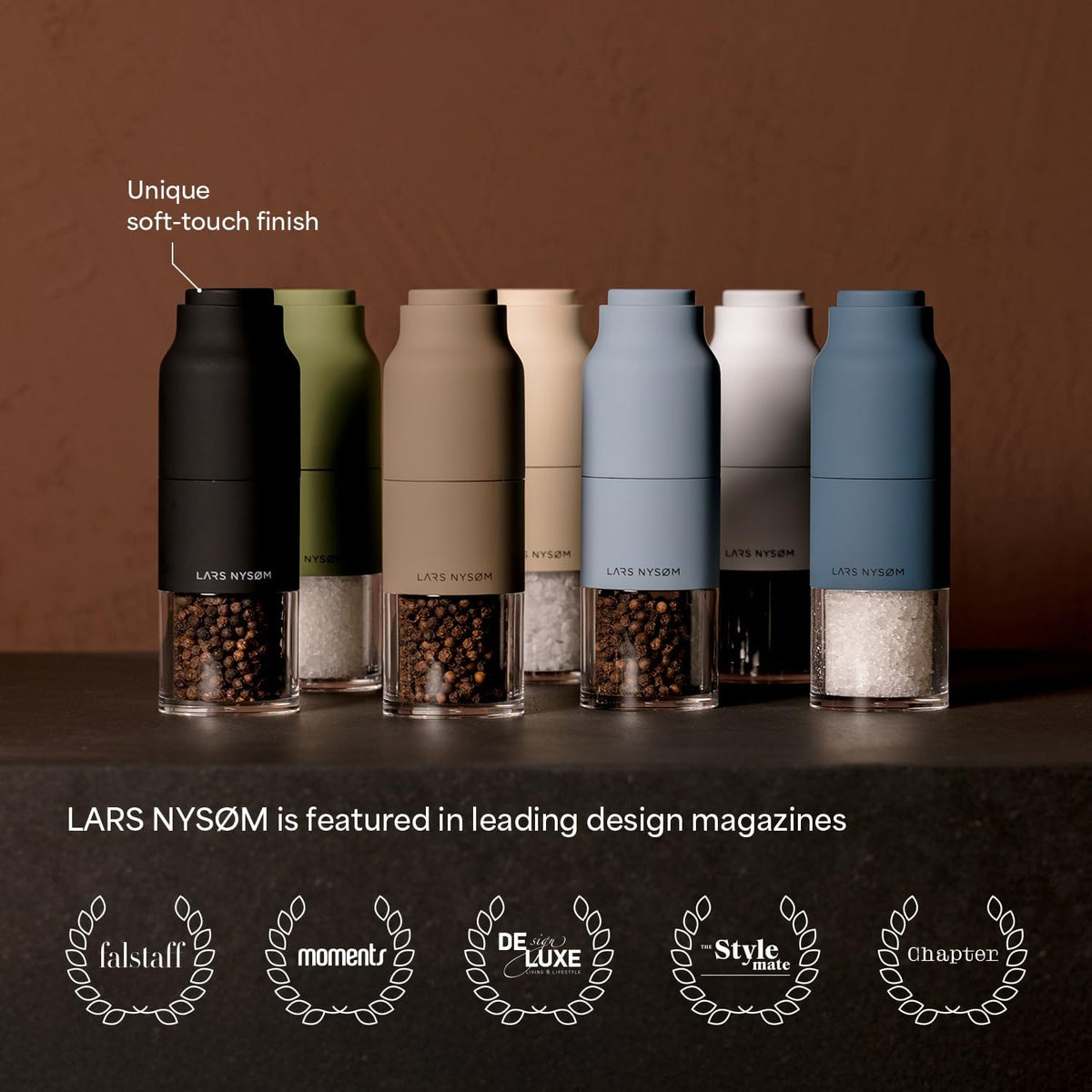 LARS NYSØM Salt and Pepper Grinder Set, Stainless Steel Manual Salt and Pepper Mills, Adjustable Ceramic Grinder, Design Spice Shakers (Black/Beige)