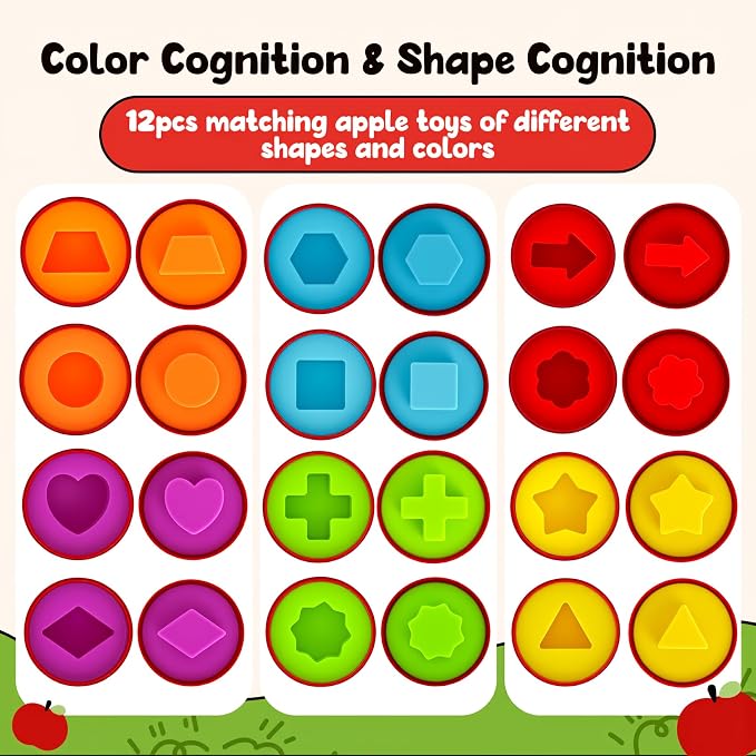 Montessori Geometric Apple Shape Sorter Toys for Toddlers 1-3,Montessori Preschool Educatioanl Learning Color Sorting Matching Games Fine Motor Toddler Activities Toys for Kids Boys Girls