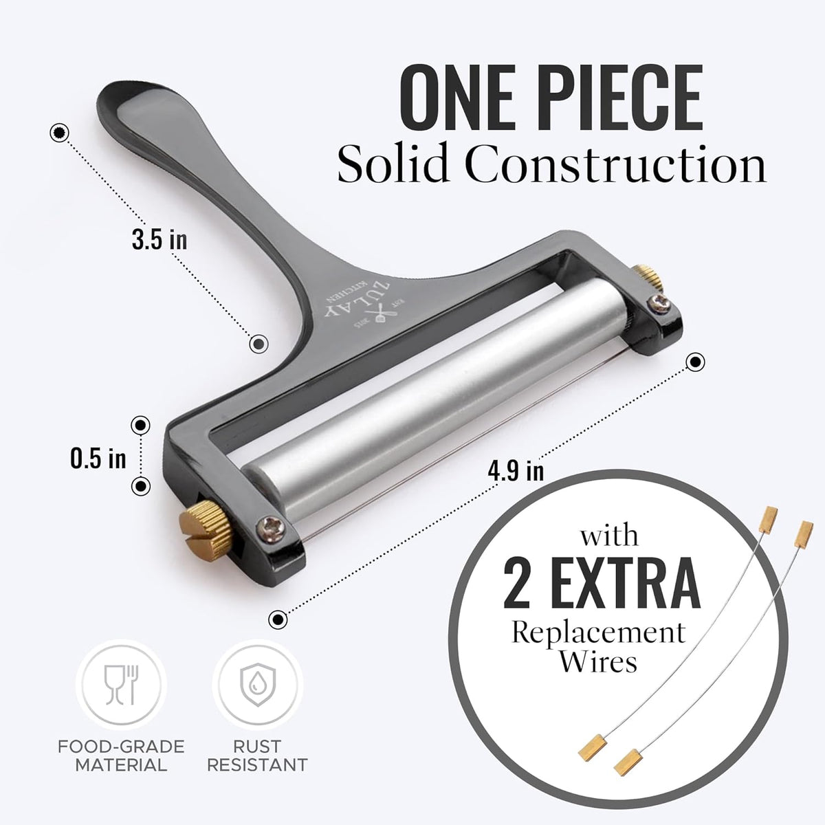 Zulay Kitchen Stainless Steel Wire Cheese Slicer - Adjustable Hand Held Cheese Cutter with 2 Extra Wires - Premium Cheese Shaver For Mozzarella, Cheddar, Gruyere - Cheese Cutter with Wire (Gunmetal)
