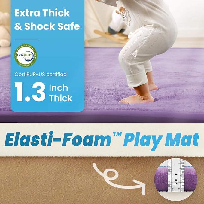 1.3" Thick Baby Play Mat for Floor, 79x79 Large Foam Tummy Time Mat, Padded Support Soft Plush Nursery Rug for Infant Kids Toddler Crawling Kick Activity (Lavender)