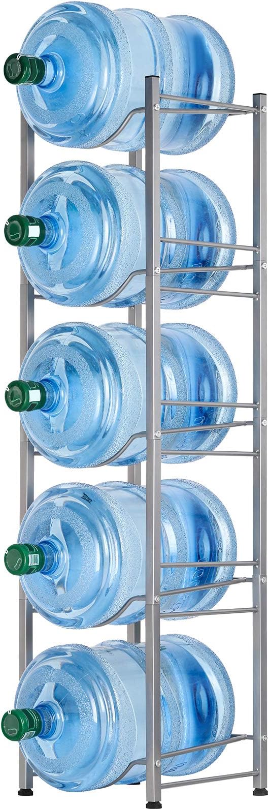 LIANTRAL 5-Tier Water Cooler Jug Rack, 5 Gallon Bottle Storage, Detachable Heavy Duty Holder for Home, Office (Silver)