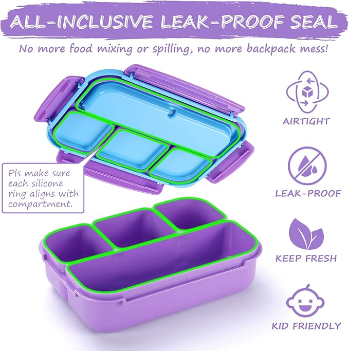 QQKO Bento Lunch Box for Kids Girls Boys, Toddler Kids Lunch Boxes for School, Lunch Containers for Adults with 4 Compartments, Sauce Container, Utensils, Food Picks and Muffin Cups, Purple