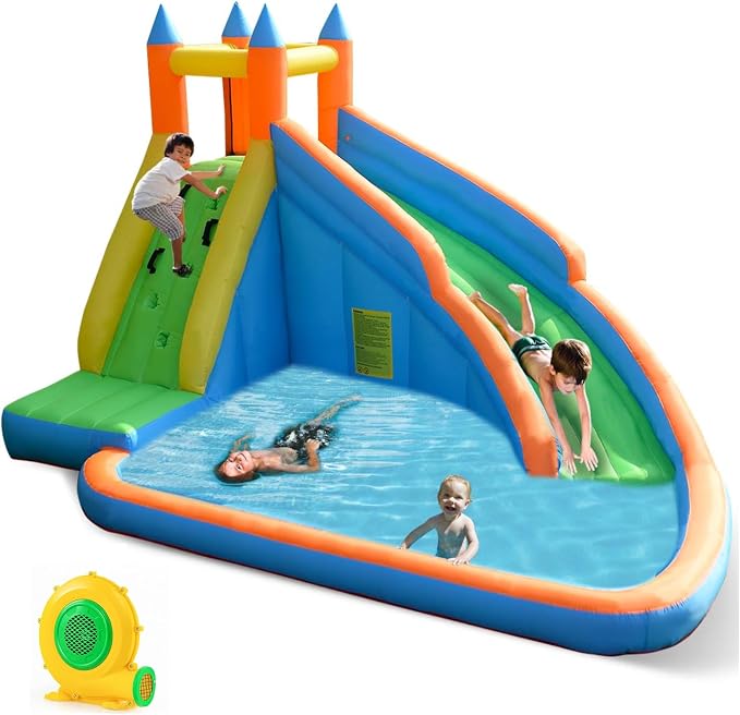 Costzon Inflatable Water Slide, Giant Bouncy Waterslide Park for Kids Backyard Outdoor Fun w/ 680w Blower, Climbing Wall, Splash Pool, 2-pcs, Blow up Water Slides Inflatables for Kids Party Gift