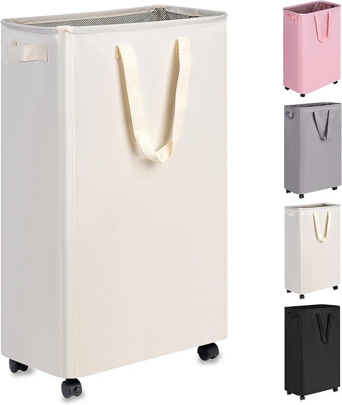 Slim Laundry Hamper with Wheels, Rolling Laundry Basket for Clothes, Small Laundry Basket for Bedroom, Dorm and Laundry Room, 75L (19.8 Gallons) Beige