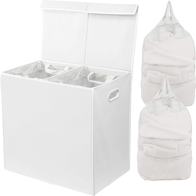 Simple Houseware Double Laundry Hamper with Lid and Removable Bags, White