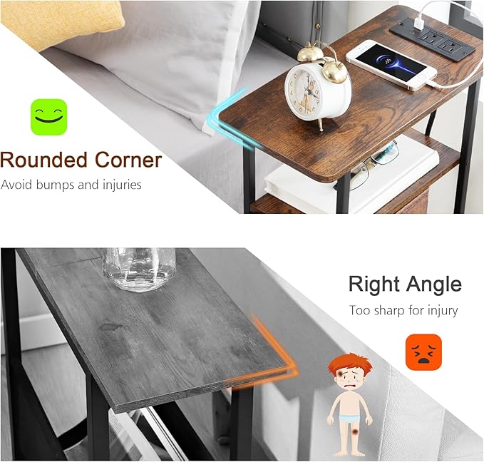 Narrow End Tables Living Room Set of 2 with Charging Station, Skinny Side Table with Fabric Drawers, Slim Nightstand for Bedroom, Small Spaces, Couch, Rustic Brown, HETNDP02PBR