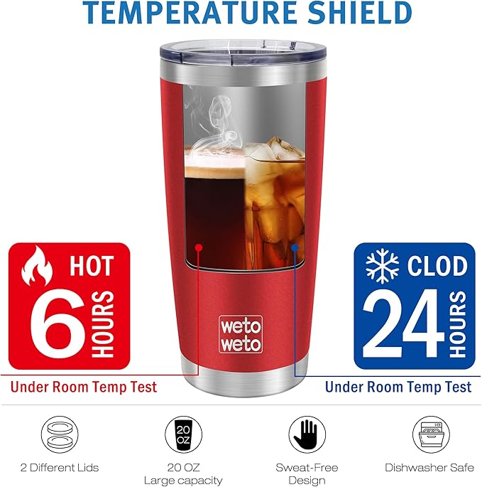 WETOWETO 20oz Tumbler, Stainless Steel Vacuum Insulated Water Coffee Tumbler Cup, Double Wall Powder Coated Leak-proof Travel Mug (Red, 1 Pack)