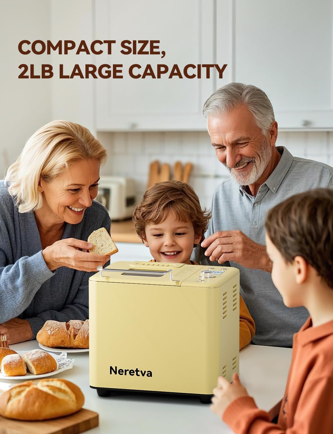 Neretva 20-IN-1 Bread Maker, Dual Heater 2LB Bread Machine Stainless Steel Bread Maker Machine Nonstick Ceramic Pan Compact for Gluten Free/Sourdough/Whole Wheat Bread/Yogurt, Breadmaker Recipe-Yellow