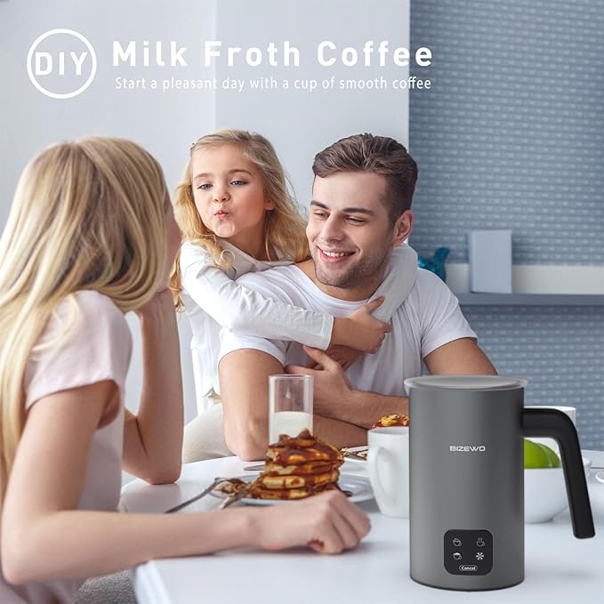 BIZEWO Milk Frother Electric, Warm and Cold Milk Steamer, 4 IN 1 Automatic Milk Warmer Stainless Steel with Touch Screen for Coffee, Latte, Macchiato, Cappuccino, Hot Chocolate