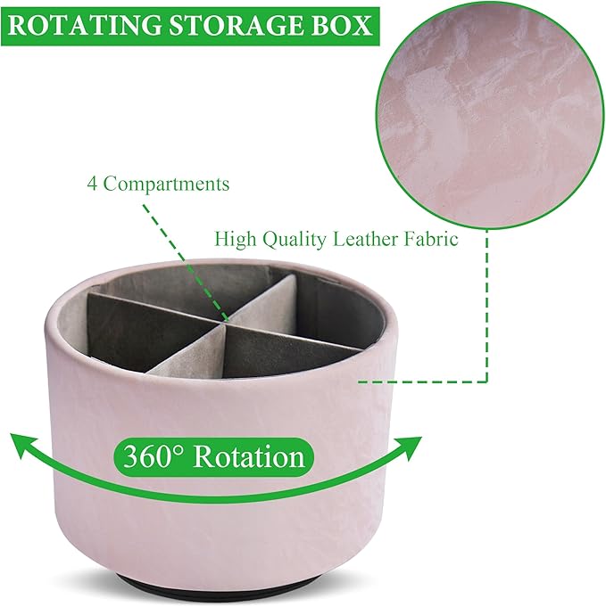 Hennaja Round Leather Art Supply Organizer,Remote Control Holder,360 Degree Spinning,Multi-Functional Pencil Holder,4 Compartments Desktop Stationary Organizer(1-Hill Pink)