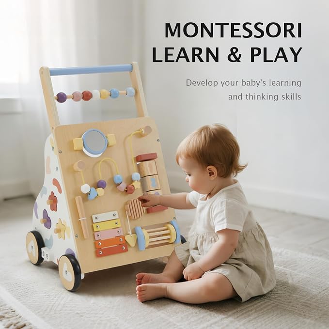 Frogprin Wooden Baby Walker, Baby Push Walker, Montessori Walker Toy for Babies 12M+ Learning to Walk & Sit-to-Stand, Adjustable Speed Walkers for Boys, Baby Activity Center with Sensory Toy for Girls
