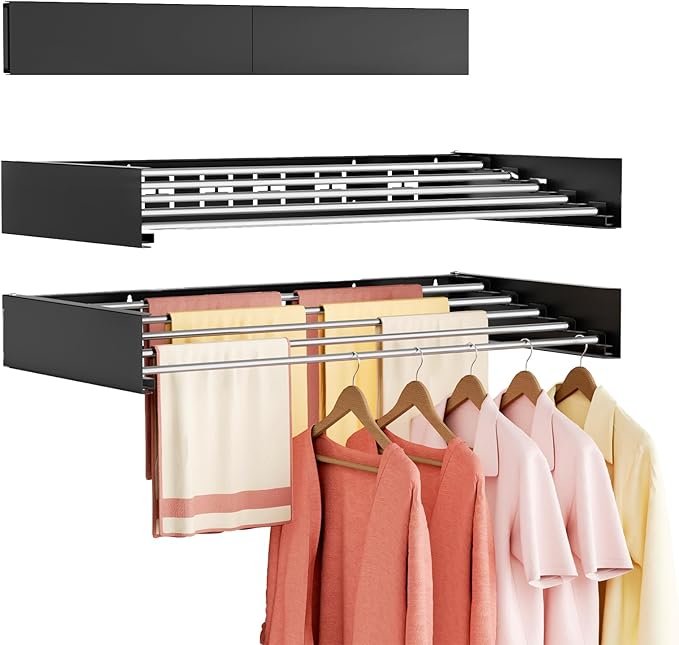 Wall Mounted Clothes Drying Rack Folding Indoor, Foldable Laundry Drying Rack Collapsible,Invisible, Space Saving, Retractable Towel Drying Rack, with Wall Template(5 Drying Rods, Black 32")